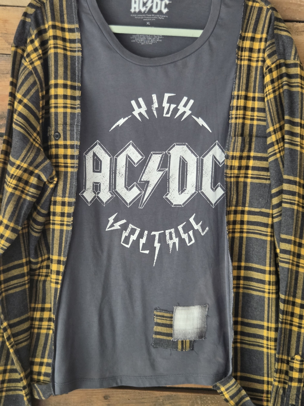 Upcycled AC/DC  High Voltage Grey Graphic Tee with Yellow Plaid Sleeves. - Picture 6 of 12
